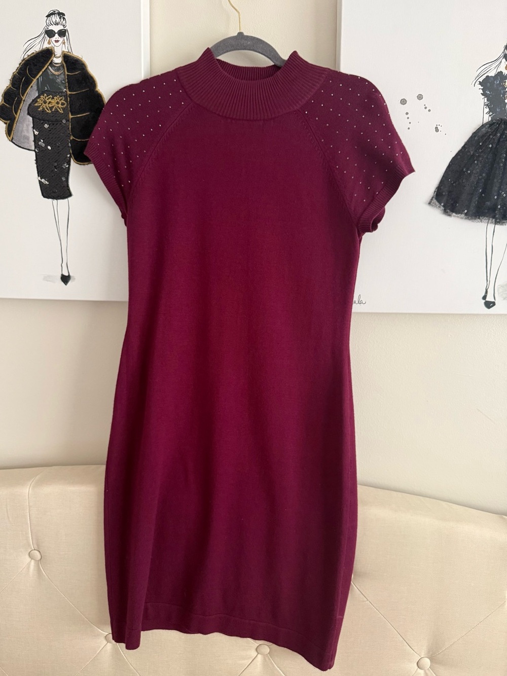 Women's Short-Sleeve Knit Dress with Rhinestone Detail - Burgundy